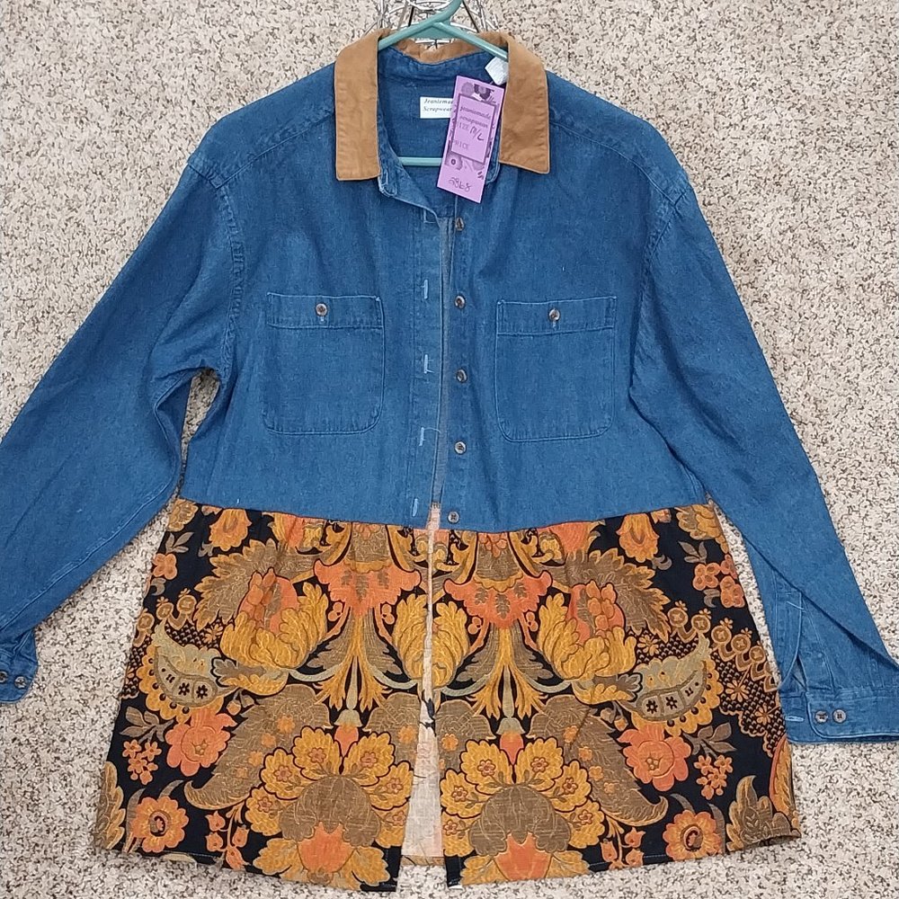 2868 Size M/L Upcycled Jean Tunic In Brown and Gold Trim